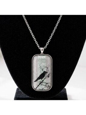 Black Bird Pendant Necklace With Glass Dome & Silver-Tone Chain 24 Inches Long N